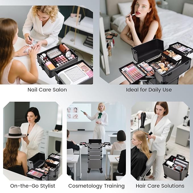 FRENESSA Rolling Makeup Train Case Cosmetology Case on Wheels 5 in 1 Makeup Case with Lid Rolling Large Make Up Organizer for Artist Barber Salon Nail Teach Kits Professional Cosmetic Box Grey