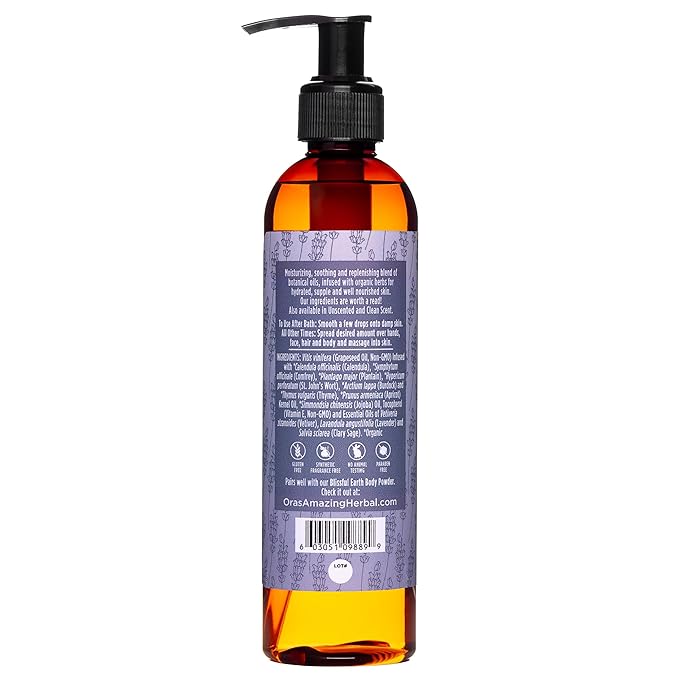 Lavender Bath Oil, Herbal Infused Moisturizing Body Oil for Women with Organic Jojoba Calendula Thyme Vetiver for Relaxation & Dry Skin, Blissful Earth Scent with Pump 7.5 oz