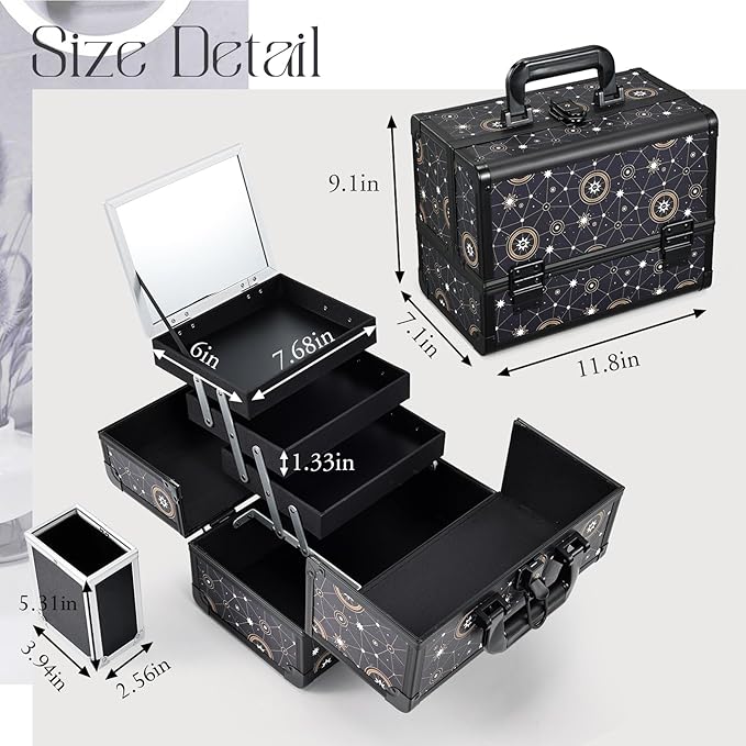 Joligrace 11.8 inch Makeup Train Case Cosmetic Organizer Box Lockable with 3 Trays and a Brush Holder Pattern Collection - Star Chart