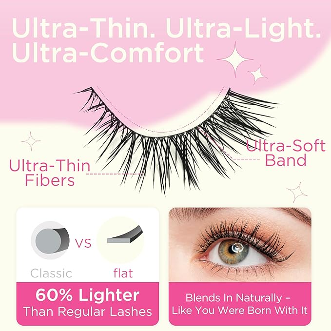 BEPHOLAN Ultra-thin False Eyelashes With Tweezers 10 Pairs Eyelashes Pack Wispy Lashes Natural look Cat Eye Lashes Strip Lightweight Lashes with Soft Clear Band(109)