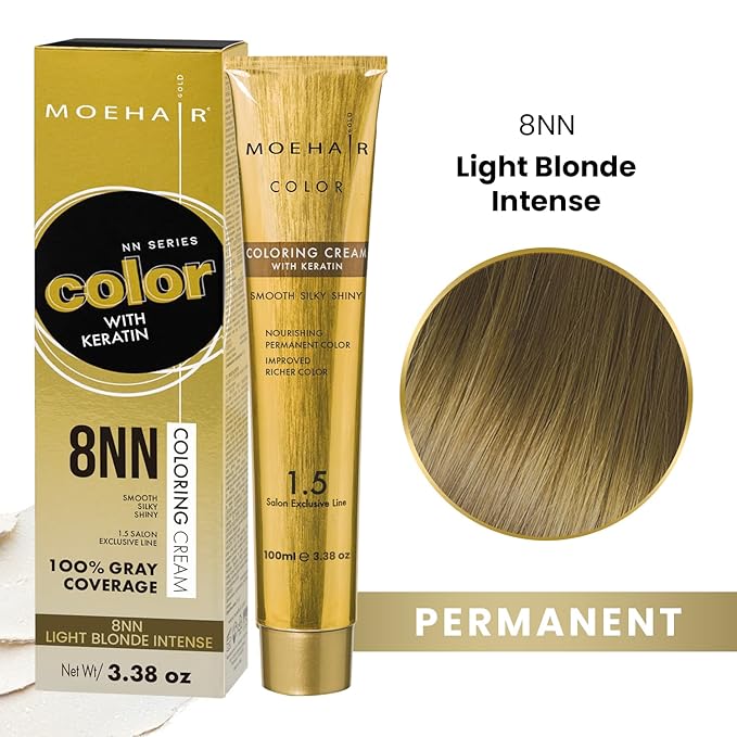 MOEHAIR 8NN Permanent Hair Color (Light Blonde Intense) | Hair Color for 100% Gray Coverage | Infused with Keratin | Adds Shines & Smoothens Hair | Non-Drippy | Double Pigmented (3.38 Fl. Oz)