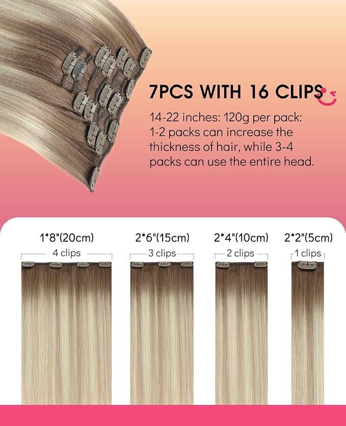 Youngsmile Clip in Hair Extensions Real Human Hair, Human Hair Extensions Clip in, Color 8 Ash Brown Fading to 60 Platinum Blond mixed 18 Ash Blond,20 Inch 120 Gram 7 Pcs (CLIP#8/60/18-20Inch)