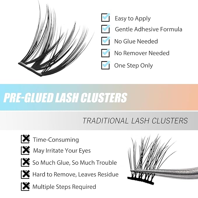 156 PCS Self-Adhesive Lash Clusters – No Glue Needed, Sticky Strip Individual Lashes for DIY Lash Extensions, Natural Look, Super Hold