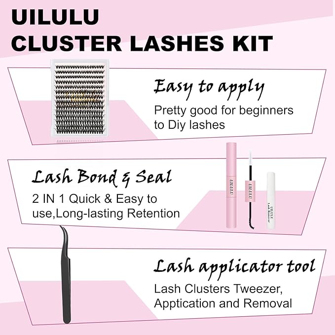 Lash Clusters Kit for DIY Lash Extension at Home, 40D False Eyelashes Set with Bond and Seal, Remover, Tweezers, D Curl Wispy Individual Clusters Eye Lash Extensions Kit (40D DIY Lash Kit)