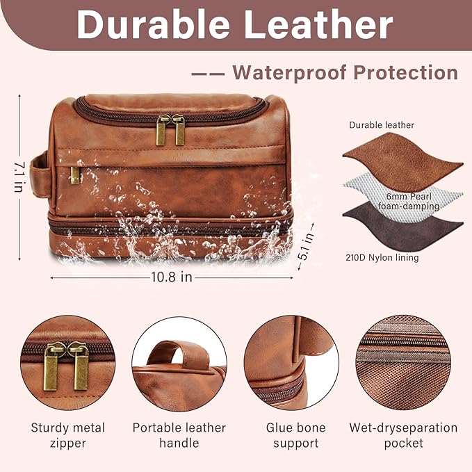 Personalized Toiletry Bag for Men, Gifts for Men, Christmas, Custom Leather Travel Bag Shave Kit, Engraved Pattern Text, Ideal Gift for Him, Dad, Groomsmen, Birthday, Anniversary, Father, Son, Husband