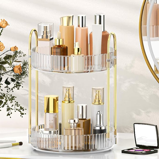 MOKANI 360 Rotating Makeup Organizer for Vanity, 2 Tier Adjustable Perfume Organizer for Dresser, Multi-Function Spinning Cosmetics Skincare Storage for Bedroom, Dresser, Countertop, Clear