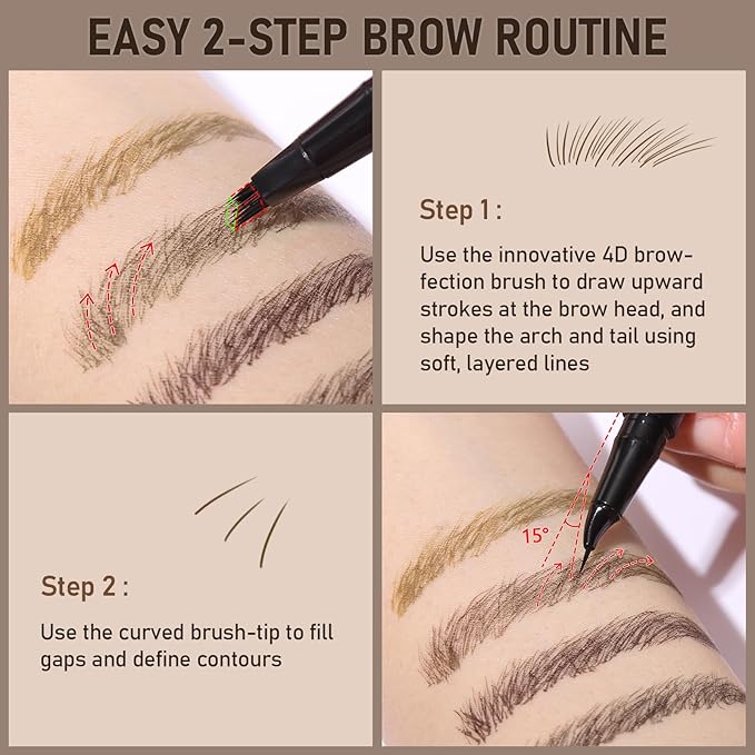 Dual-Ended Microblading Eyebrow Pencil for Women, 2 in 1 Liquid Eyebrow Pencil with Curved Tip and 4D Brow-Fection Microblading Pen, Shaped Fill HairLike Waterproof Lasting Eyebrows 04 Black Brown