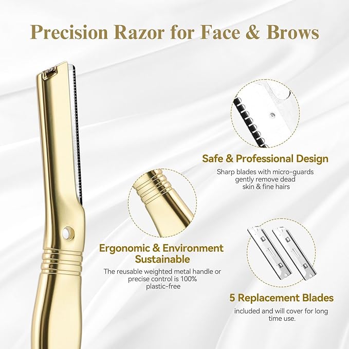 Eyebrow Razor for Women and Men, Face Razors for Women, Dermaplane Razor with Protective Silicone Cover, Reusable Metal Handle with 6 Refill Blades, Skin Care Tool, Gold