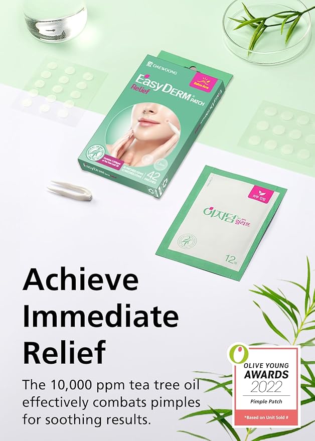 EasyDerm Relief Invisible Patch(42 counts) I Contains 10,000ppm of Tea Tree Oil, Pimple Patch, Ultra-slim 0.1mm, Waterpoof, Korean Pimple Patches Stocking Stuffer Holiday Gift MUST HAVE