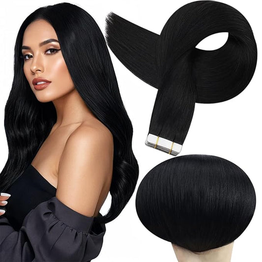 Full Shine Tape in Hair Extensions Real Human Hair 16Inch Remy Seamless Invisible Tape in Extensions Jet Black Color 1 Straight Human Hair Extension for Women 50G 20Pcs Add Volume Double Sided Natural