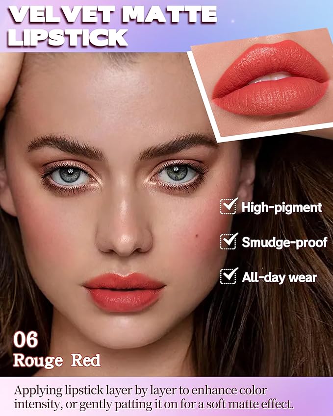 Matte Lipstick, Velvet Rouge Red Lip Stick Crayon Pencil, Waterproof Long Wear Lipstick 24 Hour High Pigmented, Smudge-proof Non-stick Hydrating Natural Lipgloss Christmas Makeup gift for Women-06