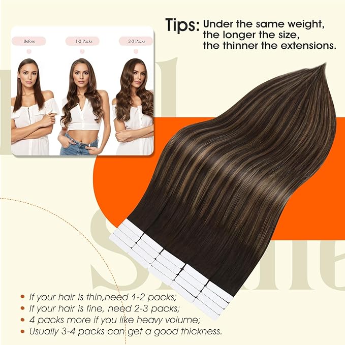 Full Shine Tape in Hair Extensions Rooted Tape in Extensions Real Human Hair 18Inch Straight Extension Ombre Balayage Brown Remy Seamless Skin Weft 20Pcs Color 2/8/2 50Gram Add Length