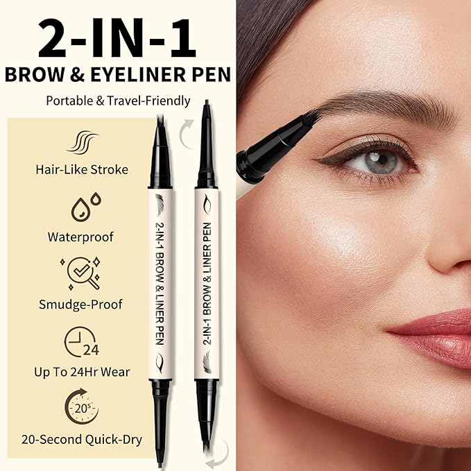 UCANBE 2-in-1 Eyebrow Pen & Gel Eyeliner Pencil – Microblading Eye Brow Pencil with Brow-Fection Angled Brush Tip + 1.5mm Ultra-Fine Eye Liner, Waterproof, Quick-Dry, Long Lasting (Brown)