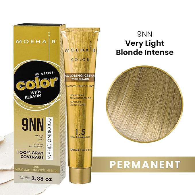 MOEHAIR 9NN Permanent Hair Color (Very Light Blonde Intense) | Hair Color for 100% Gray Coverage | Infused with Keratin | Adds Shines & Smoothens Hair | Non-Drippy | Double Pigmented (3.38 Fl. Oz)
