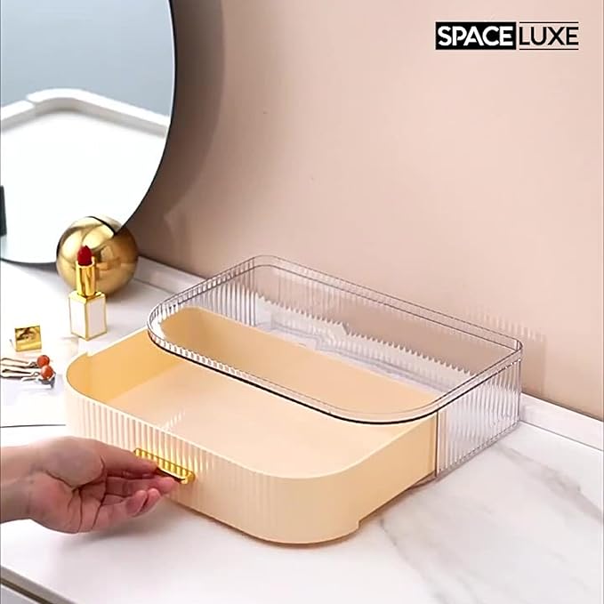 Makeup Organizer with Drawers and 360° Rotating Brush Holder, Large Capacity Cosmetic Storage for Vanity, Skincare, Perfume, Hair Accessories, Lipstick & Jewelry (Cream White, 3-layer)
