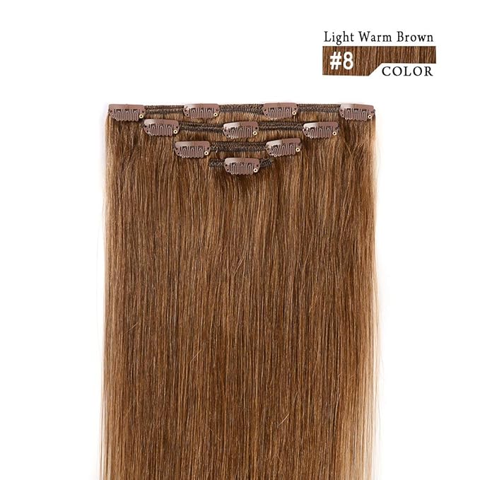 20" Clip in Hair Extensions Remy Human Hair for Women - Silky Straight 75grams Long Human Hair Clip on Extensions 75grams 4pieces Chestnut Brown #8 Color