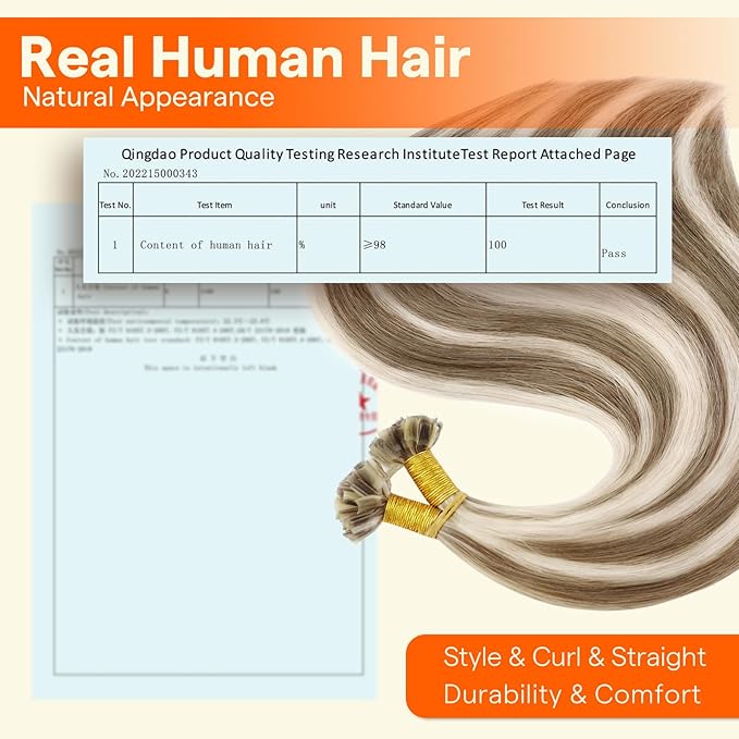 Full Shine Keratin Tip Hair Extensions Real Human Hair Ash Brown Highlight Blonde Utip Human Hair Extensions 20 Inch Long Natural Hair 50 Grams Remy Soft Hair for Women