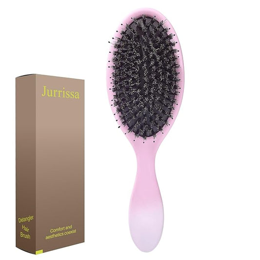 Boar Bristles Hair Brush for Women and Men, Detangling Hair Brush for Smoothing Massage Add Shine, Nylon&Boar Bristles Detangler brush for Hair Healthy (Pink&White)