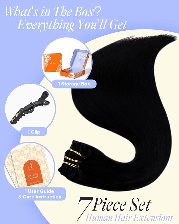 Full Shine Black Hair Extensions Clip in Human Hair 135 G Human Hair Clip in Extensions Black Woman Clipins Hair Extensions That Can Be Styled 16 Inch 7 Pcs