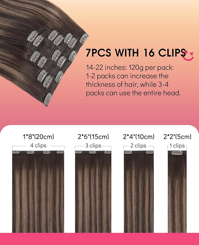 Youngsmile Clip in Hair Extensions, 2/6/2 Balayage Dark Brown to Chestnut Brown, Real Human Hair Extensions Clip in Long Straight Double Weft 14inch 120g 7Pcs,Thick End (CLIP#2/6/2-14Inch)