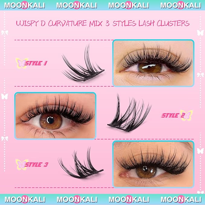 Natural Lash Clusters Wispy Eyelash Clusters 3 Styles Mix Natural Cluster Eyelash Extensions D Curly Soft Individual Lashes 10-16 mm Mix Length Natural Look Lashes Clusters with Thin Lash Band
