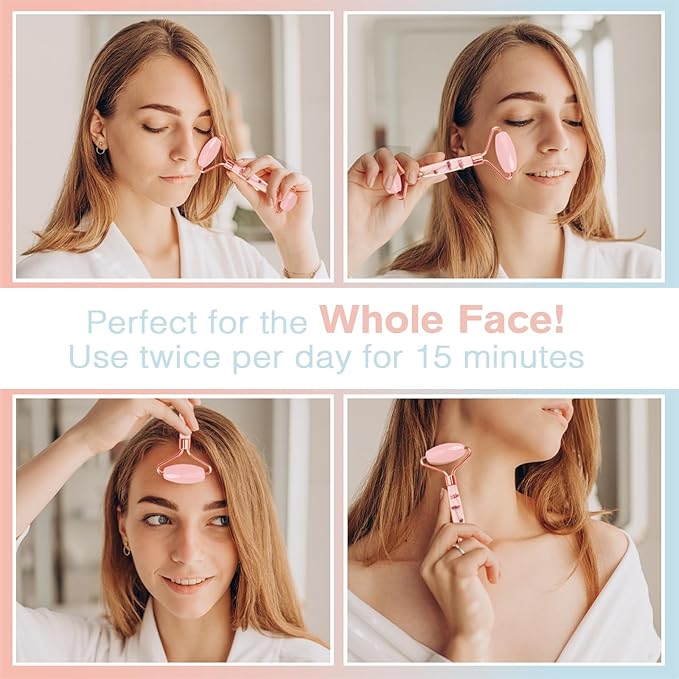 Raffaello Jade Roller - Natural Pink Facial Roller, Redness Reducing Massager for Face, Eyes, Neck - Rose Quartz
