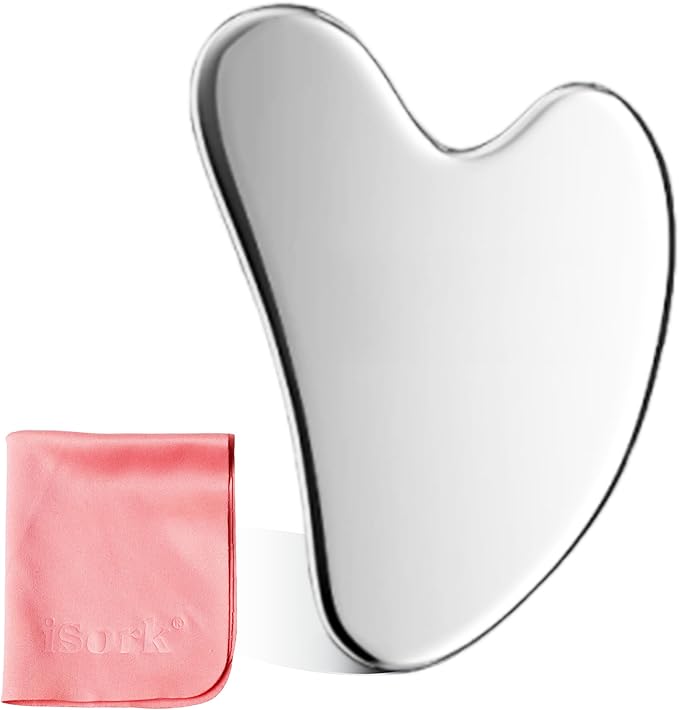 Stainless Steel Gua Sha Facial Tool with Big Size – Lymphatic Drainage Massager, Jawline Sculpting, & Skin Care | Metal Gua Sha Scraper for Eye & Facial Relaxation | Includes Travel Pouch