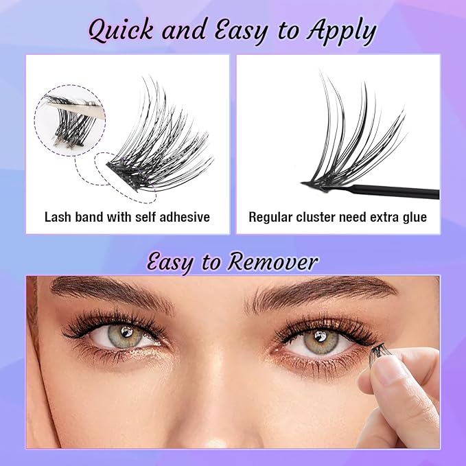 Self Adhesive Eyelashes, No Glue Needed Self Adhesive Lash Clusters, Reusable Pre-Glued Eyelashes No Remover No Residue for Beginners