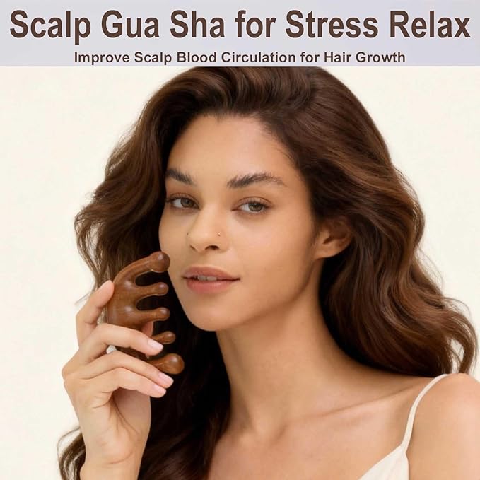 Wooden Comb, Wooden Scalp Massager, Massage Comb for Scalp Gua sha, Head Massager - Sandalwood