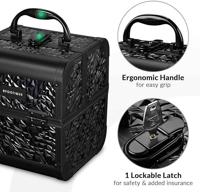 BYOOTIQUE Makeup Organizer Case with Mirror 2-Tier Trays Lockable Cosmetology Case Jewelry Storage box for Nail Tech Beauty Salon Barbershop Hairstylist,Mermaid Black
