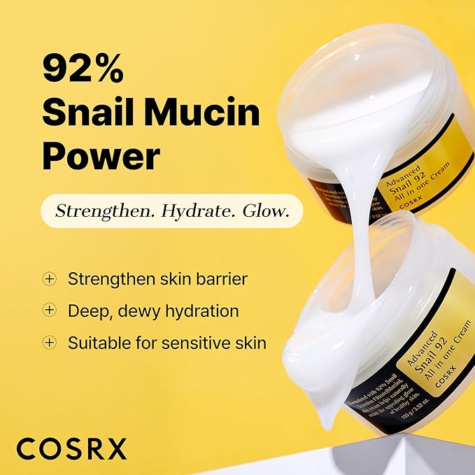 COSRX Snail Mucin 92% Face Moisturizer, 3.52 Oz, Lightweight Moisturing Cream for Soft, Glowy Skin, Korean Skin Care, Korean Moisturizer Face Cream, Stocking Stuffers for Women