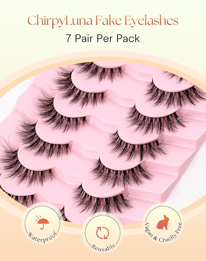 Wispy Lashes Cat Eye 15MM False Eyelashes Natural Look C Curl Natural Lash Strips Fake Eyelashes with 0.1MM Thin Band ChirpyLuna Cat Eyelash, 7 Pair