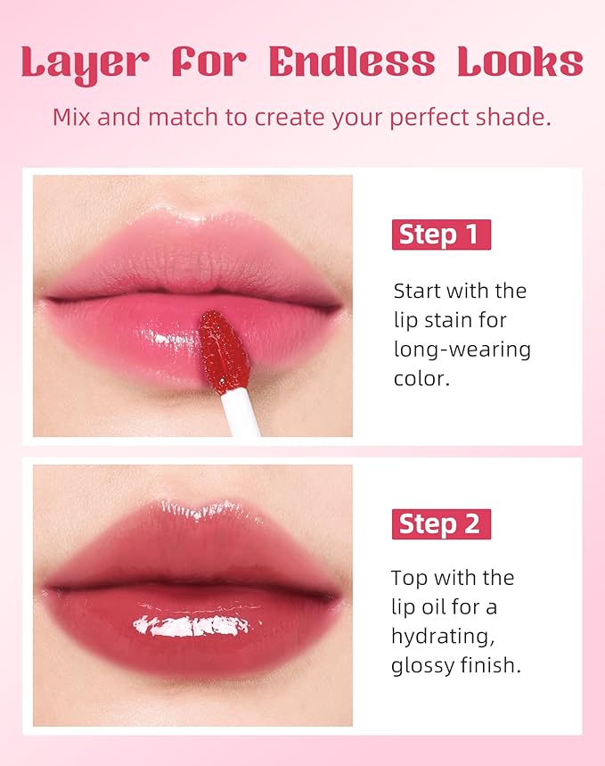 bayfree Tinted Lip Oil & Lip Stain Set, Korean Makeup, Smudge-Proof,Long-Wearing, 2-in-1 Cheek and Lip Tint with Moisturizing, High-Shine, Lightweight & Non-Sticky for Dry Lips, Cruelty-Free & Vegan