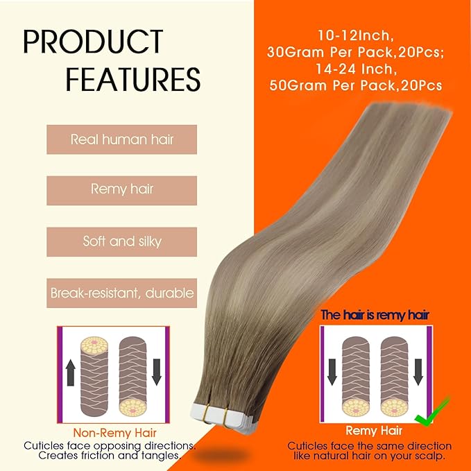 Full Shine Blonde Tape in Hair Extensions Human Hair Color 8 Ash Brown Ombre 60 Blonde And 18 Straight Tape ins Human Hair Extensions 14Inch 50Gram Seamless Invisible Skin Weft 20Pcs for Party