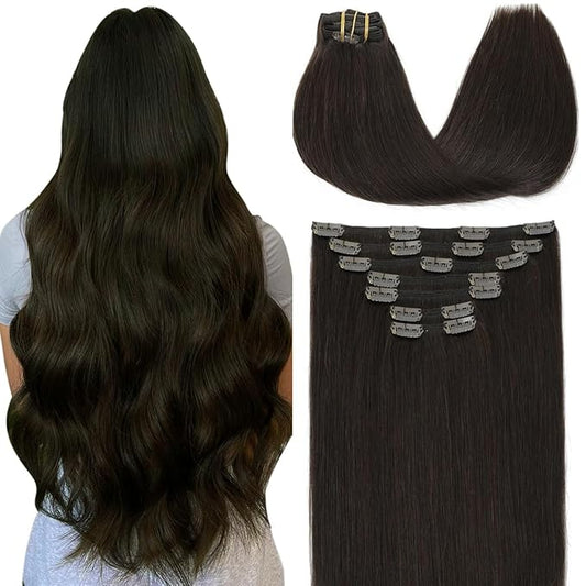 VINBAO Clip in Hair Extensions Human Hair Color 2 Dark Brown Hair Extensions For Women 20Inch 160G 7PCS Straight Thick Full Head Real Human Hair Clip Ins Double Weft (#HC2,20'')