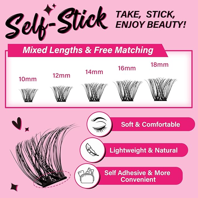 Self Adhesive Eyelashes 48Pcs Lash Clusters Self Stick Lashes Reusable Self-adhesive Lashes No Glue Cluster Lashes Easy for Use(Into You-01,D-10-18mix)