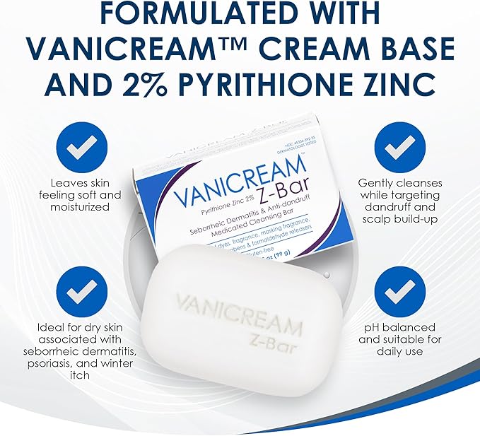 Vanicream Z Bar, Seborrheic Dermatitis & Anti-Dandruff Medicated Bar, 3.5 Oz, Formulated without Common Irritants for Sensitive Skin, 2% Pyrithione Zinc Helps Relieve Itching, Redness & Flaking