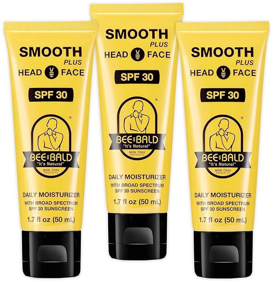 Bee Bald SMOOTH PLUS Head & Face Moisturizer with SPF 30 Sunscreen Lotion Protecting Skin From Harmful UVA/UVB Rays While Hydrating, Moisturizing and Toning, 1.7 Fl Oz (Pack of 3)