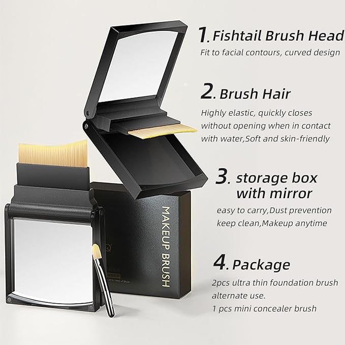 MSQ Foundation Brush Set, 2PCS Angled Ultra Thin Foundation Brushes and 1PCS Mini Concealer Brush with Case and Mirror, Travel Cosmetic Brushes for Liquid Foundation, Concealer