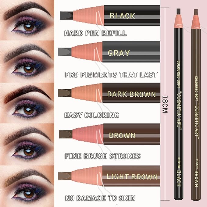 Eyebrow Pencils Brow Pencil Set For Marking, Filling And Outlining, Tattoo Makeup And Microblading Supplies Kit-Permanent Eye Brow Liners In, 12Pcs 5Colors(4Black6Brown2Gray）(Multicolor)