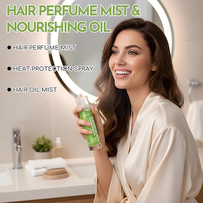 SLUJ Hair Perfume for Women - Hair Mist with Argan Oil & Light Green Shimmer, Lightweight Hair Oil Spray for Dry Hair, Heat Protection Spray for Hair, Long Lasting Hair Scent