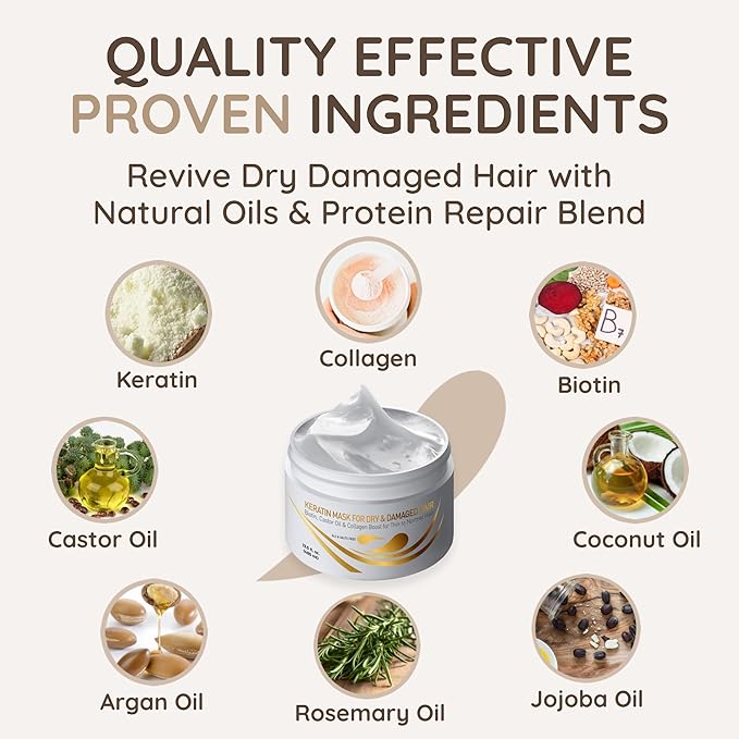 VITAMINS hair cosmetics Keratin Hair Mask - Protein Repair Keratin Treatment - Deep Conditioner for Dry, Damaged, Curly, Straight & Frizzy Hair with Biotin, Collagen & Castor Oil - 13.5 Fl Oz