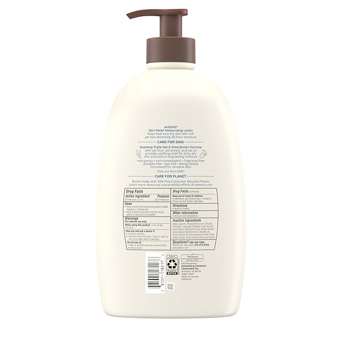 Aveeno Skin Relief Moisturizing Lotion for Very Dry, Itchy, Dry Skin, Body Moisturizer, Soothing Triple Oat & Shea Butter, Fragrance-Free, Non-Greasy, 33 fl oz
