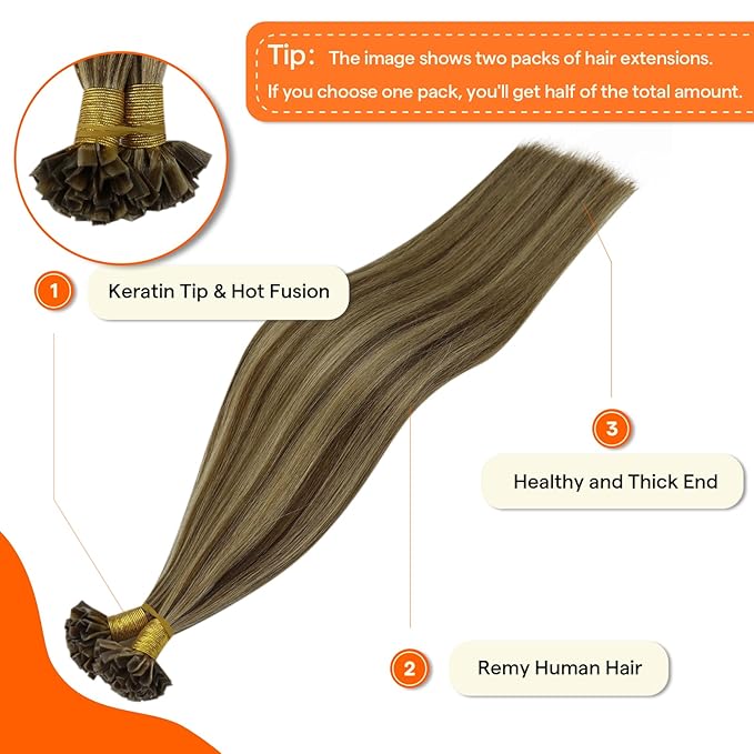 Full Shine Ktip Human Hair Extensions 4P27 Medium Brown Highlight Honey Blonde 16 Inch 50 Grams K Tip Hair Extensions Real Human Hair Fusion Extensions Soft Remy Hair