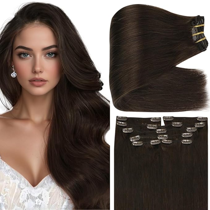 Full Shine Clip in Hair Extensions Dark Brown 22 Inch Thick Hair Extensions Real Human Hair Straight Brown Invisible Remy Hair Clip in Extra Volume 7 Pcs 150 G