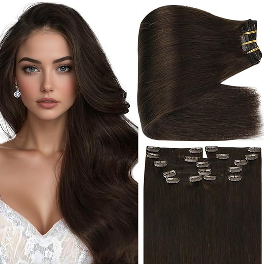 Full Shine Thick Human Hair Clip in Extensions 20 Inch 180 G Dark Brown Hair Extensions Clip in Brunette Hair Extensions for Styling 7 Pcs
