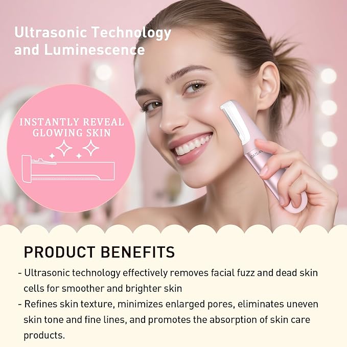 Dermaplane Razor for Women Face, Dermaplaning Tool for Face, Sonic Smooth Exfoliation & Peach Fuzz-Hair Removal System with 10 Dermaplaning Blades, Charm Pink