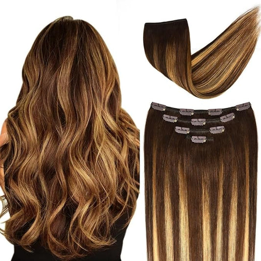 12" Hair Extensions Balayage Clip in Human Hair for Women - Silky Straight Chocolate Brown to Honey Blonde Highlight Brown Ombre Hair 50grams 4pieces #(4T27) P4 Color