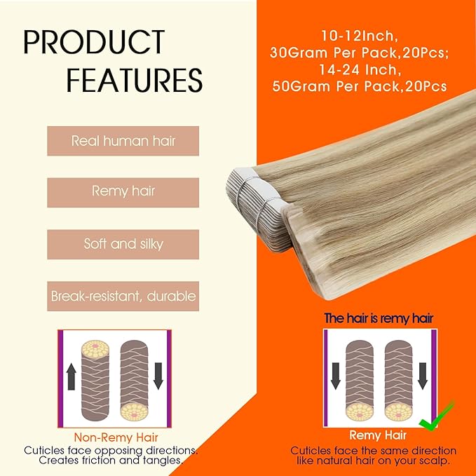Full Shine Blonde Tape in Hair Extensions Color 16P22 Highlighted Remy Injected Tape in Extensions Bridal Hairstyles 22Inch Invisible Extension 50G 20Pcs Natural Straight Soft Skin Weft