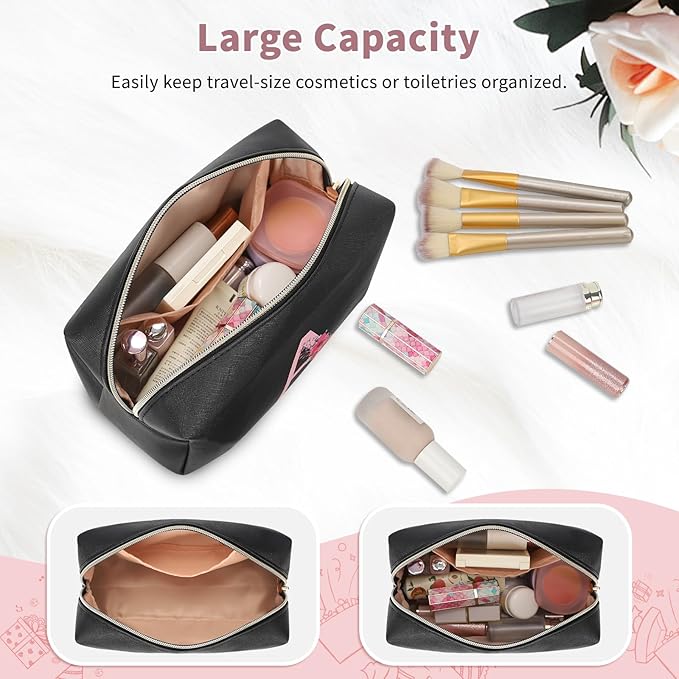 Personalized Initial Makeup Bag, Birthday Gifts for Women and Girls, Small Makeup Pouch Travel Toiletry Bag, Make Up Organizer Bag Gift Trendy Stuff for Friend Mom Teacher, Black